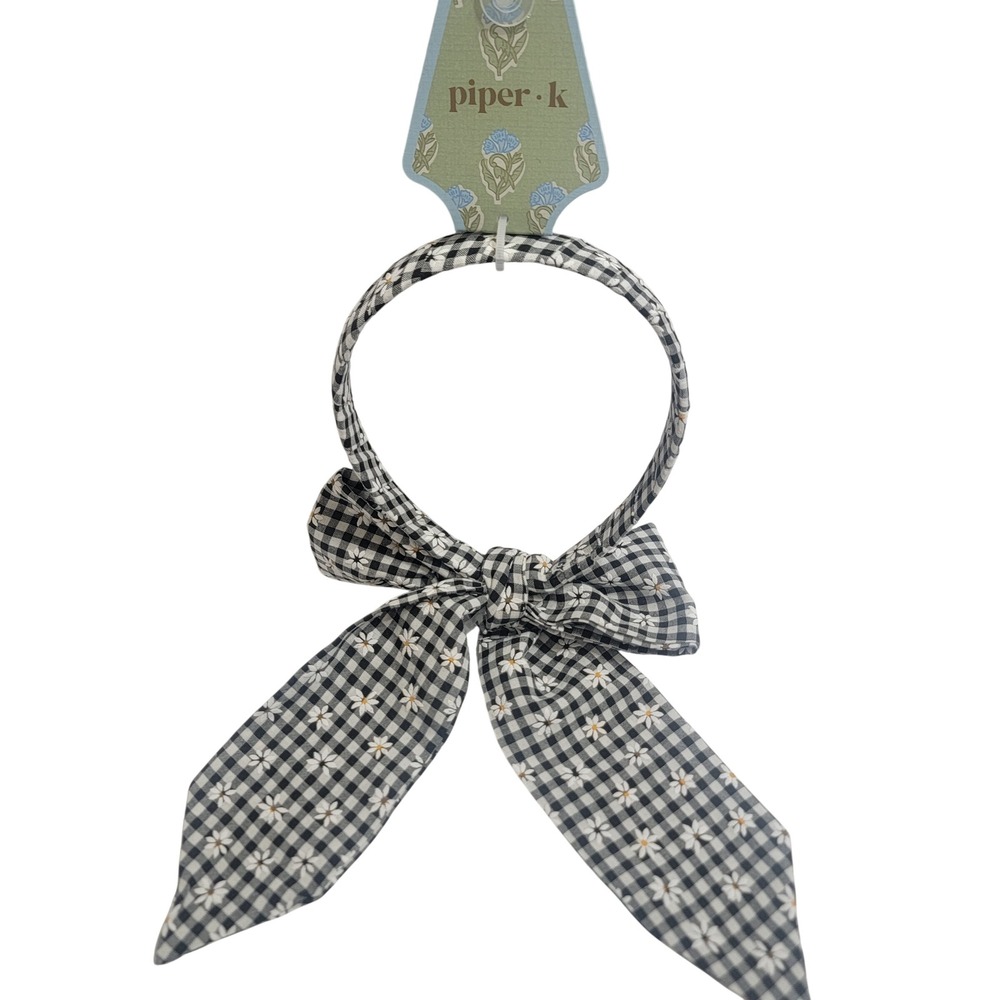 Piper K Gingham Check Daisy Bow Headband Floral Ribbon Tail Cottagecore Peasant